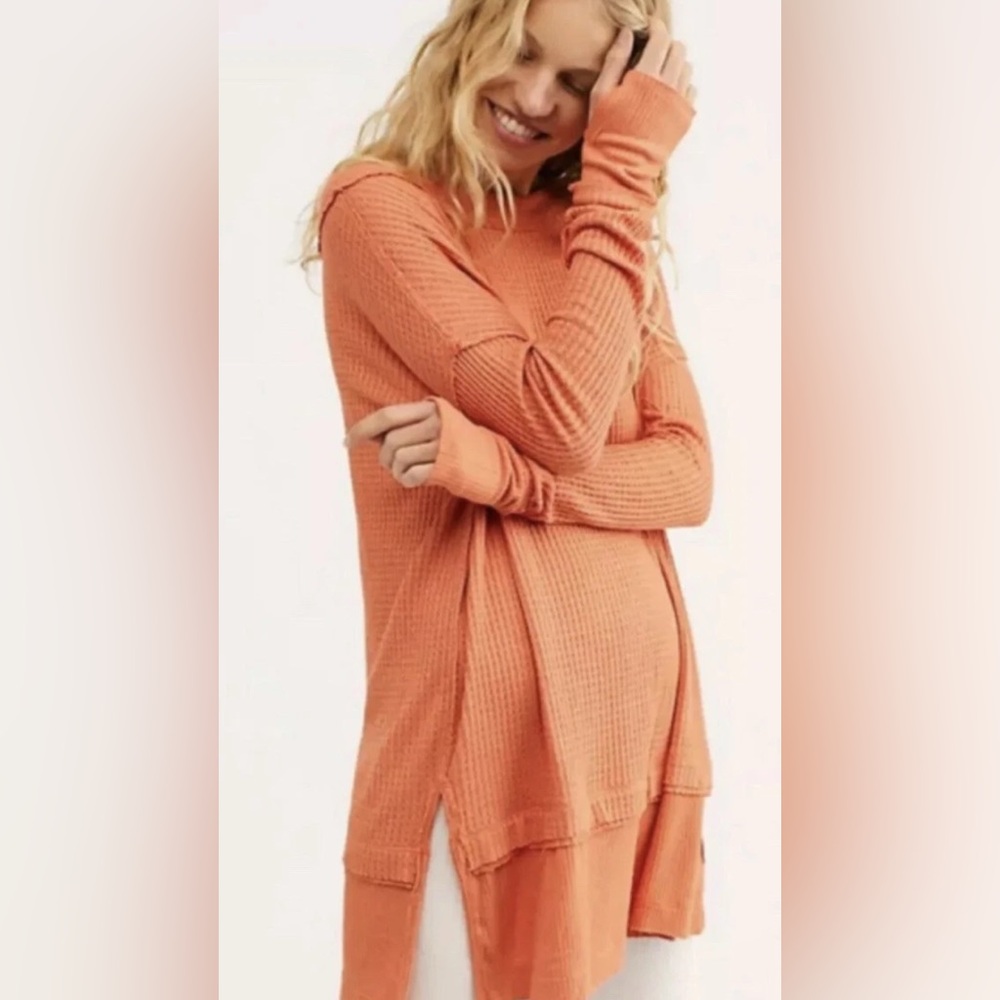Free People We The Free North Shore Thermal Tunic Top Sz S Coral Orange EUC